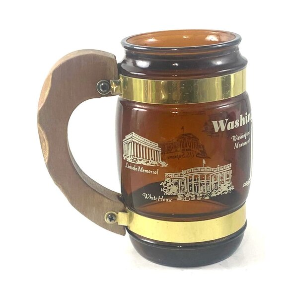 Vintage Siesta Ware Washinton DC Mug Patriotic Graphics Brown Glass Wood Handle - Picture 3 of 4